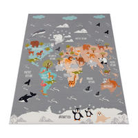 KINDERTEPPICH waschmaschinenwaschbar Tier‑Weltkarten‑Muster Kinderzimmer schmutzabweisend Grau Rechteckig 100x200 - Grau, Textil (100/200cm) - KADIMA DESIGN