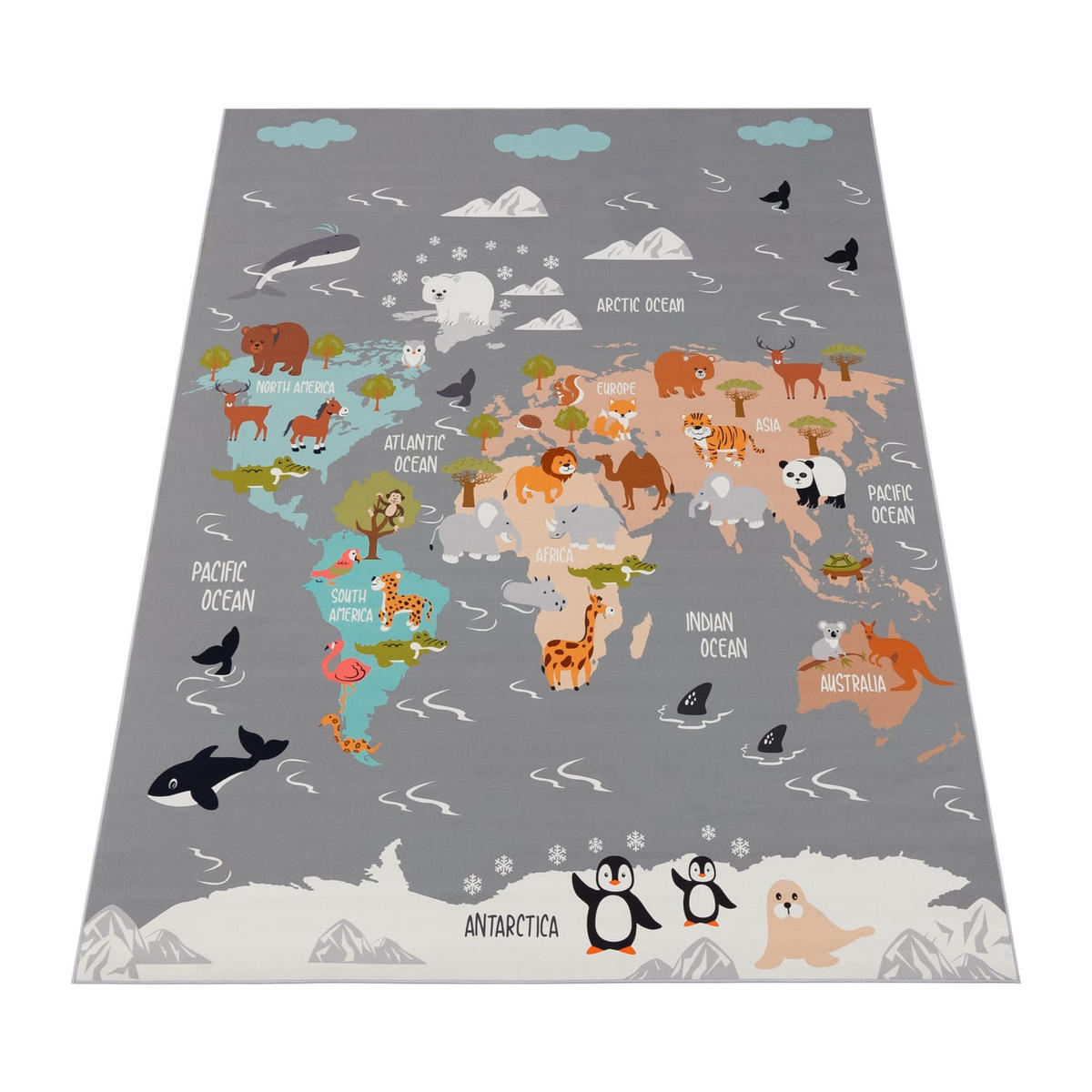 KINDERTEPPICH waschmaschinenwaschbar Tier‑Weltkarten‑Muster Kinderzimmer schmutzabweisend Grau Rechteckig 100x200 - Grau, Textil (100/200cm) - KADIMA DESIGN
