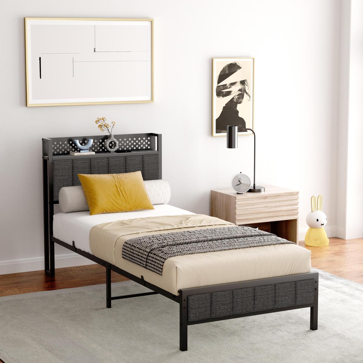 METALLBETT 90/200 mit Matratze und Gepolstertes Kopfteil Jugendbett mit LED und Steckdose, 27 cm Bodenfreiheit - Schwarz/Grau, Holzwerkstoff/Textil (90/200cm) - STILVORA