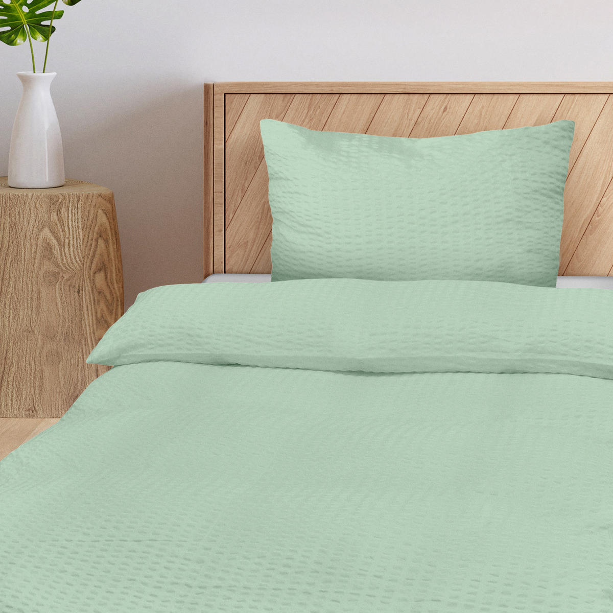 BETTWÄSCHE Meline 135/220 cm + Kissenbezug 80/80 cm Salbei Seersucker 2er Set - Salbeigrün, Textil (135/200cm) - Beautissu 