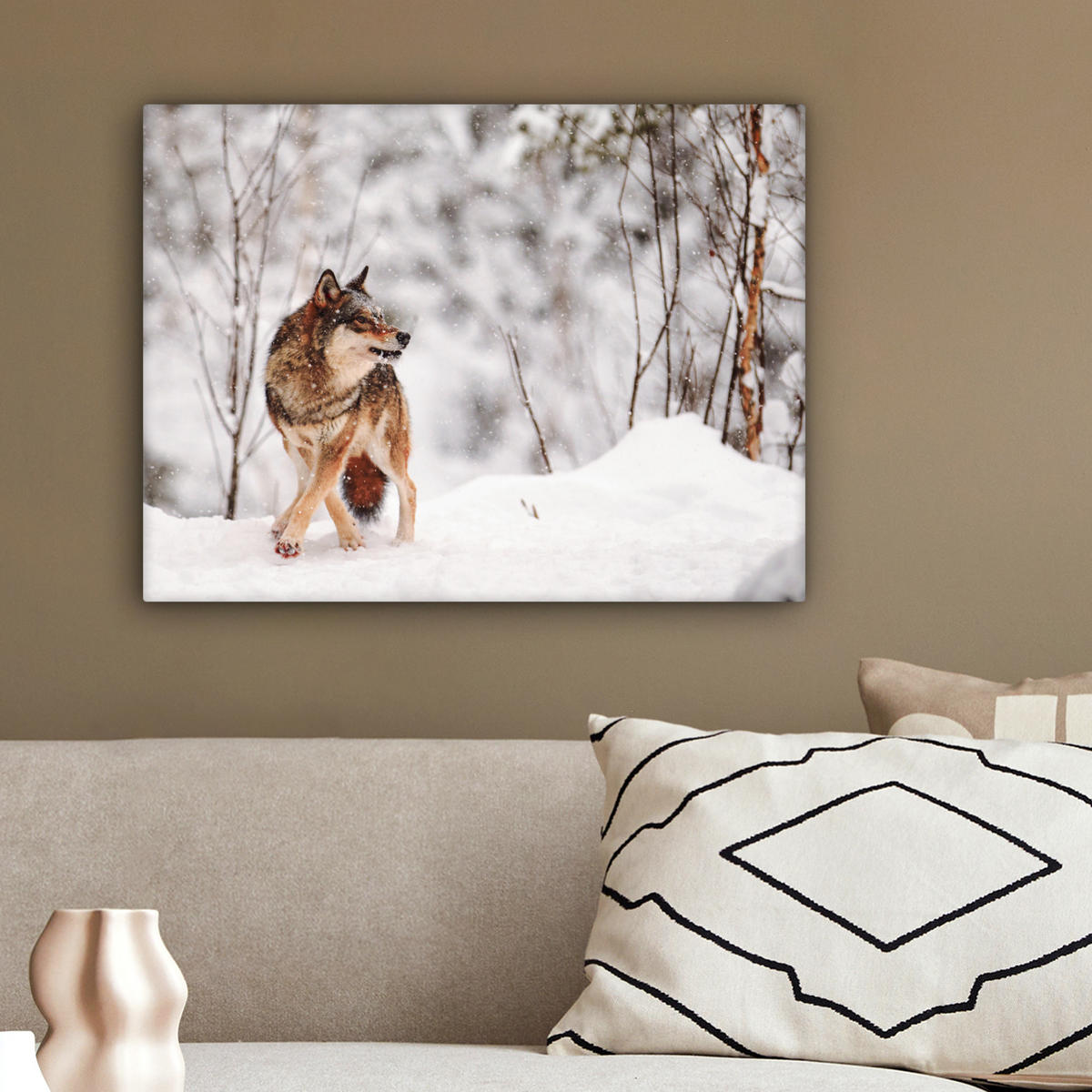 LEINWANDBILD Wolf - Winter - Schnee - Natur - Tiere 40x30 cm - Haselnussfarben, Textil (40/30cm) - MuchoWow