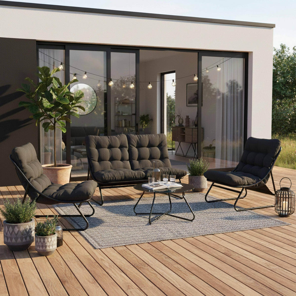 GARTENSET 4-Sitzer, Schwarz - Schwarz, Textil - Oviala