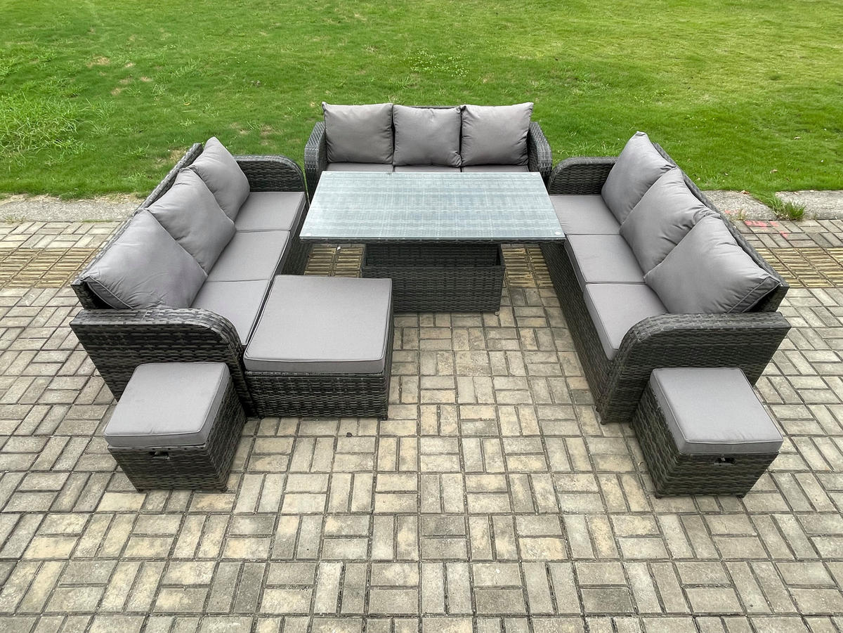GARTENSOFA SET Polyrattan 12-Sitzer - Dunkelgrau/Grau, Glas/Kunststoff - Fimous
