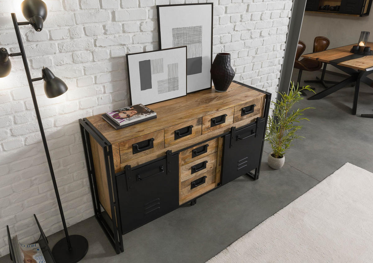 SIDEBOARD Mango 150x45x90 natur klar lackiert / Metall schwarz BLACKBURN #110 - Braun, Holz (150/90/45cm) - Massivmoebel24