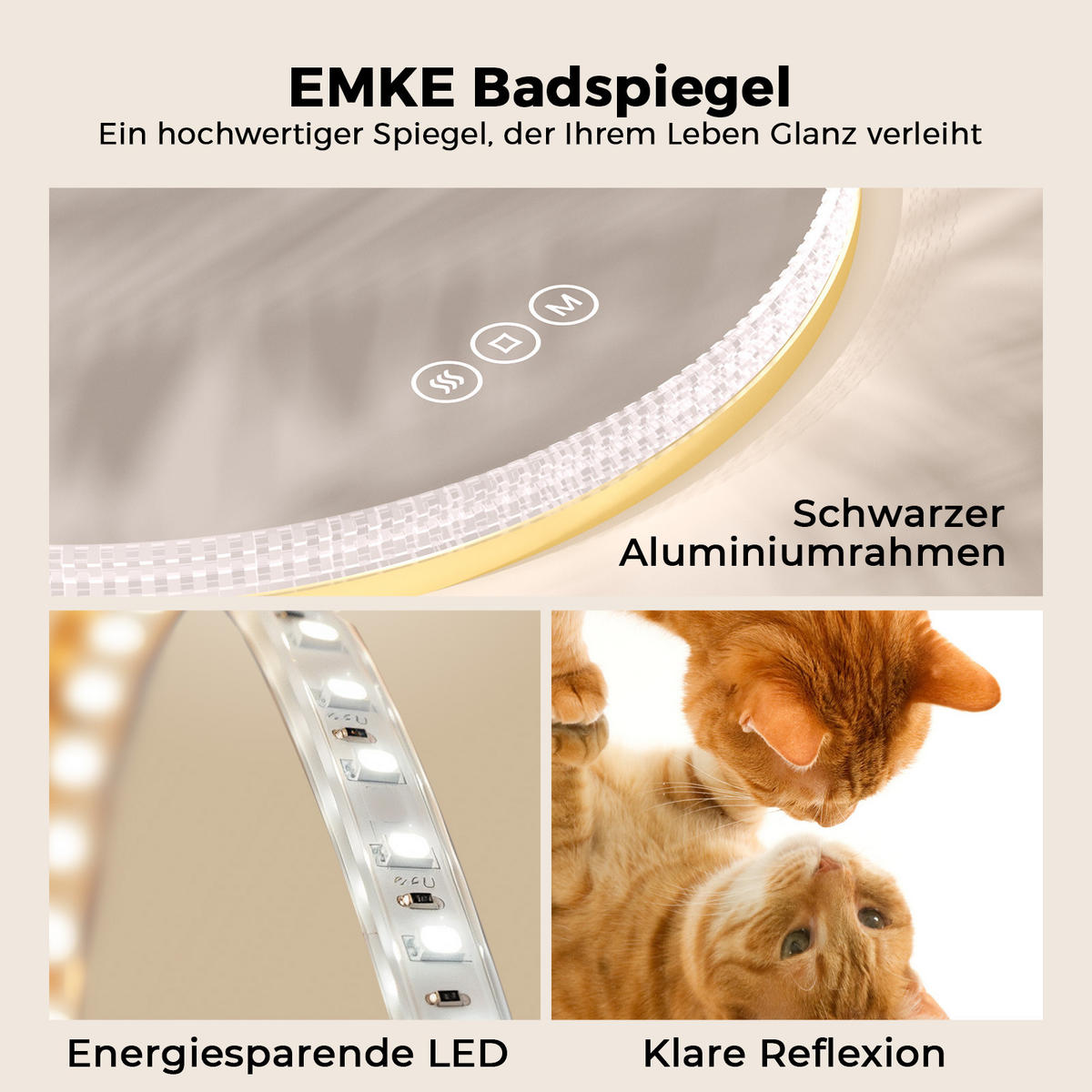 BADSPIEGEL Runder mit Beleuchtung Gold ф60 cm - Goldfarben, Glas (60/4.3/60cm) - EMKE
