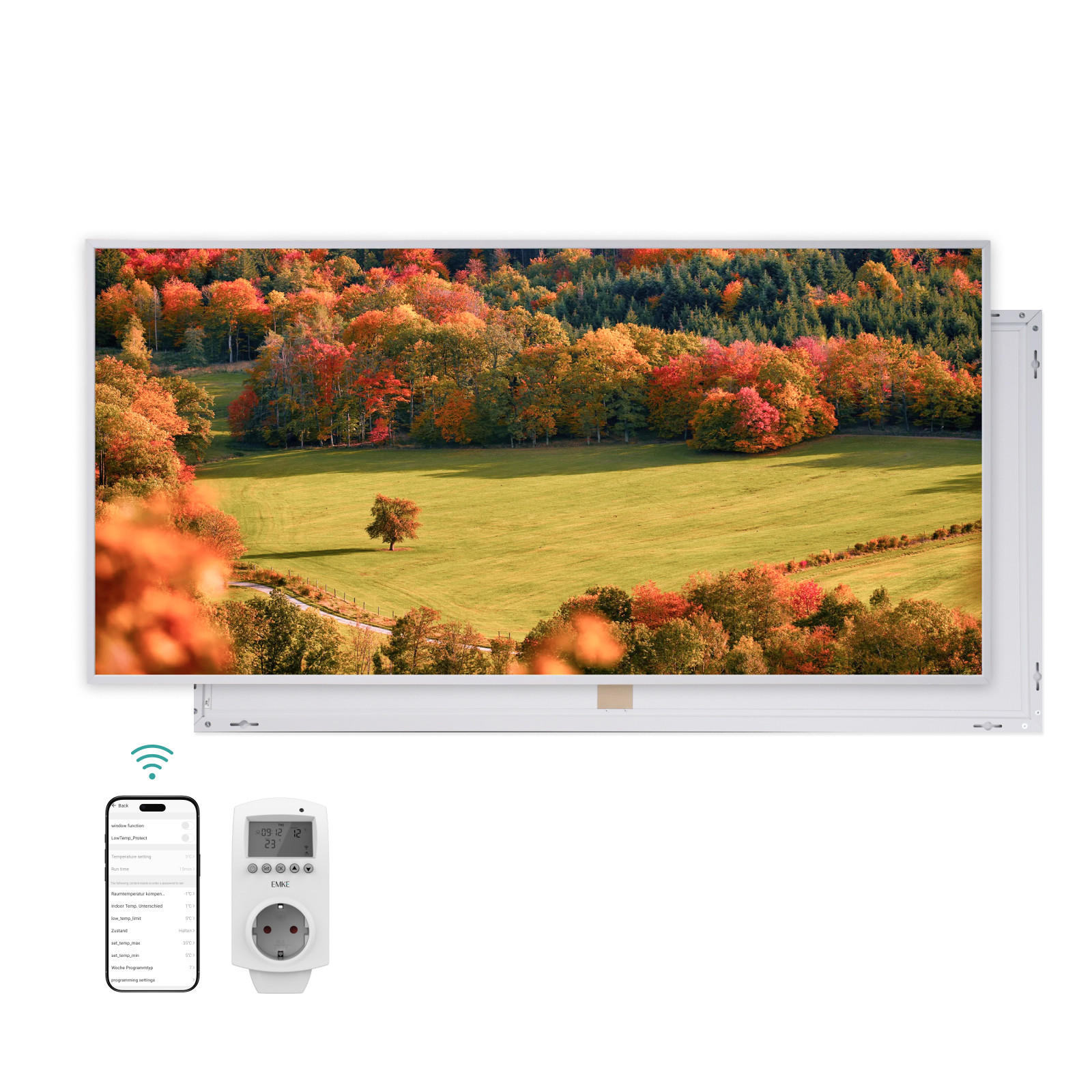 WANDKONVEKTOR Elektrisch mit dekorativem Landschaftsbild, Thermostat und WLAN App Steuerung, 119,5/59,5/2 cm - Weiß, Kunststoff/Metall (119.5/59.5/2cm) - EMKE