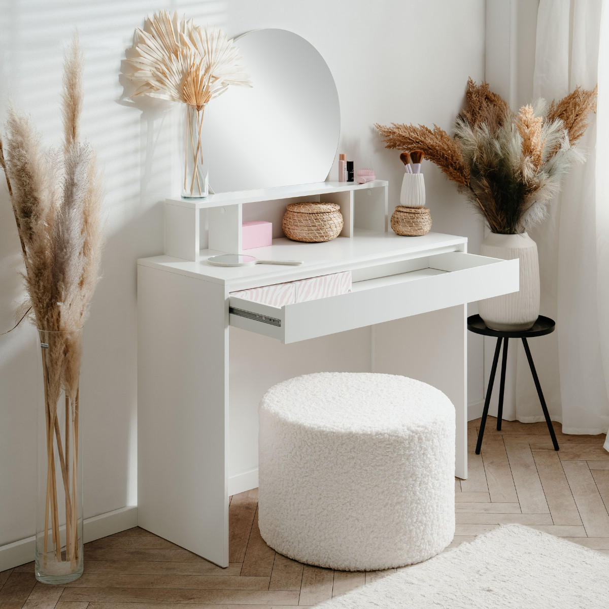 FRISIERTISCH mit 1 abgerundetem Spiegel 3 oberen Fächern und 1 großer Schublade 100/40/140 cm - Weiß, Holzwerkstoff (40/140/100cm) - Calicosy