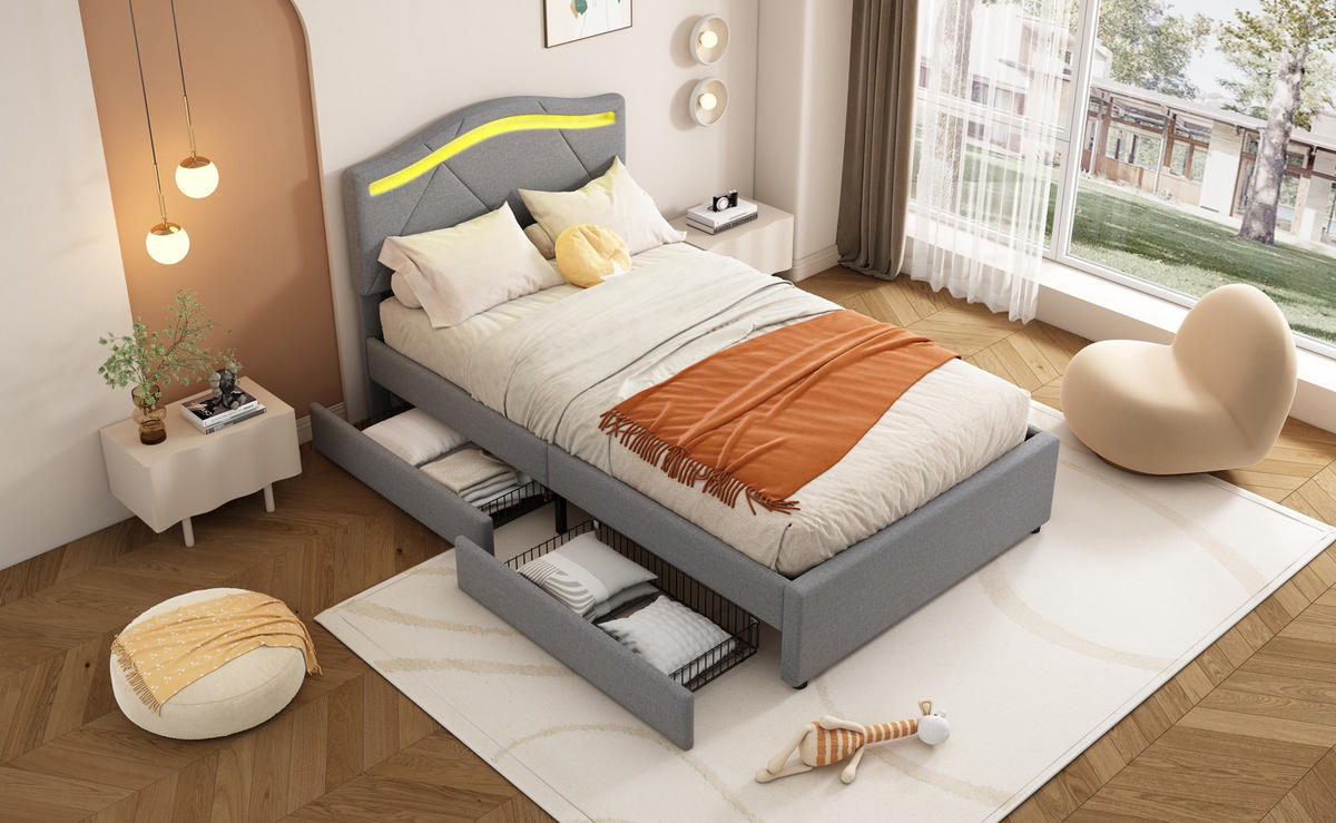 POLSTERBETT 90/200 cm grau aus Leinen mit LED-Beleuchtung - Grau, Textil - OKMYHOME