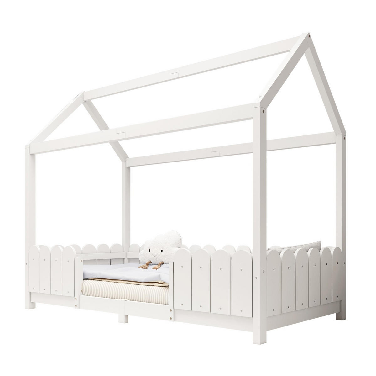 KINDERHAUSBETT 90/200 cm mit Rausfallschutz und Lattenrost aus Massivholz, Weiß - Weiß, Holz - Redom