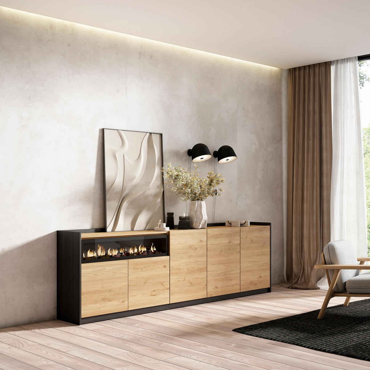 SIDEBOARD, Highboard, Eiche Schwarz, Elektrokamin, 260/37/80cm - Eichefarben, Holzwerkstoff (260/80/37cm) - Skraut Home