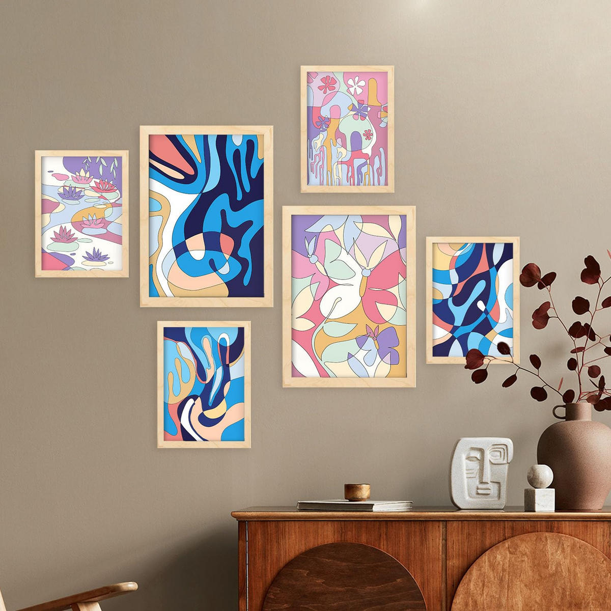 POSTER Set Mit 6 Ethischer Stil Abstrakt Größe A3 & A4 Rahmen aus hellem Holz - Beige, Papier (29.7/1cm) - Nacnic