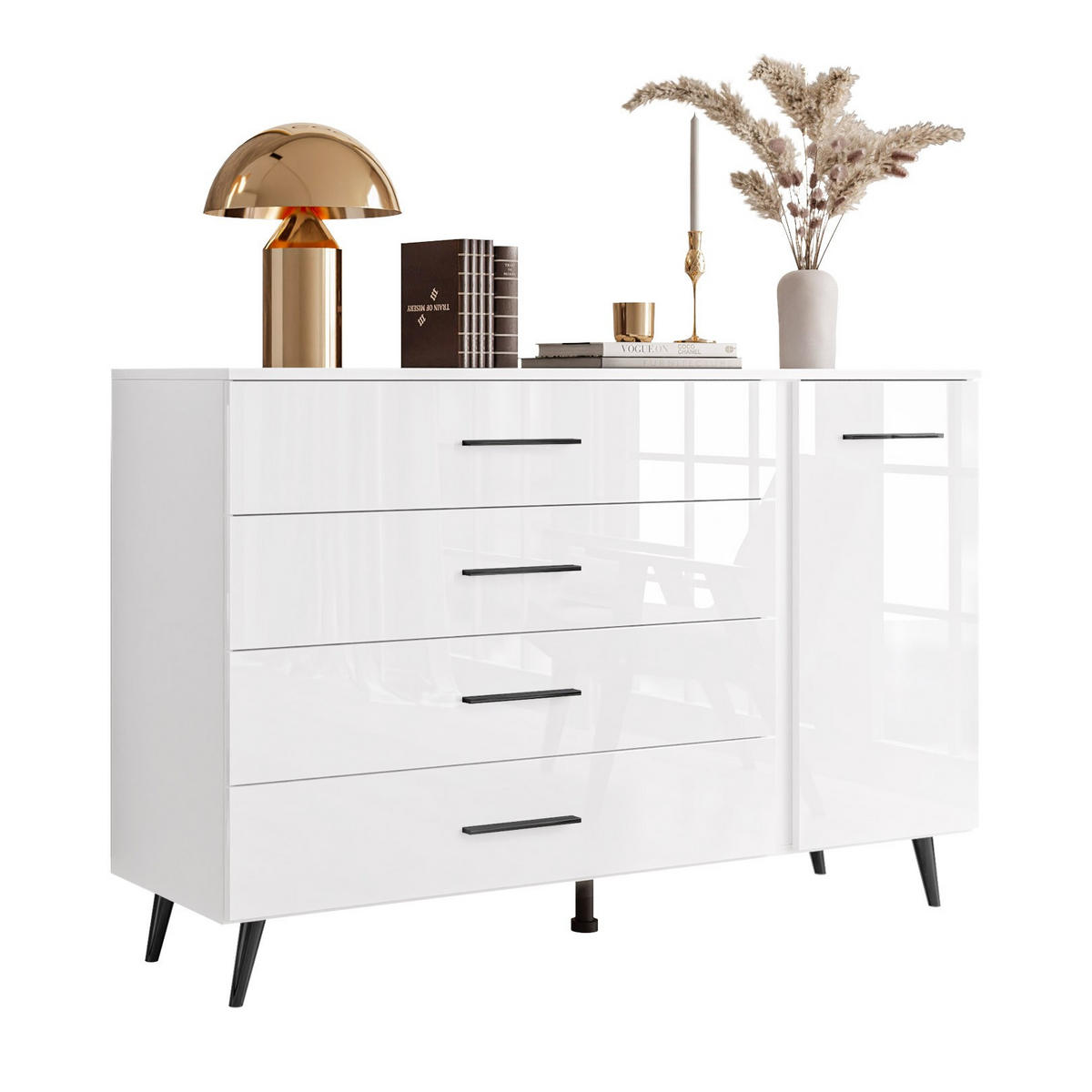 KOMMODE AURA II mit Griffen und LED-Beleuchtung Beinfarbe – Schwarz - Schwarz/Weiß, Holzwerkstoff (138/90/40cm) - Lookway