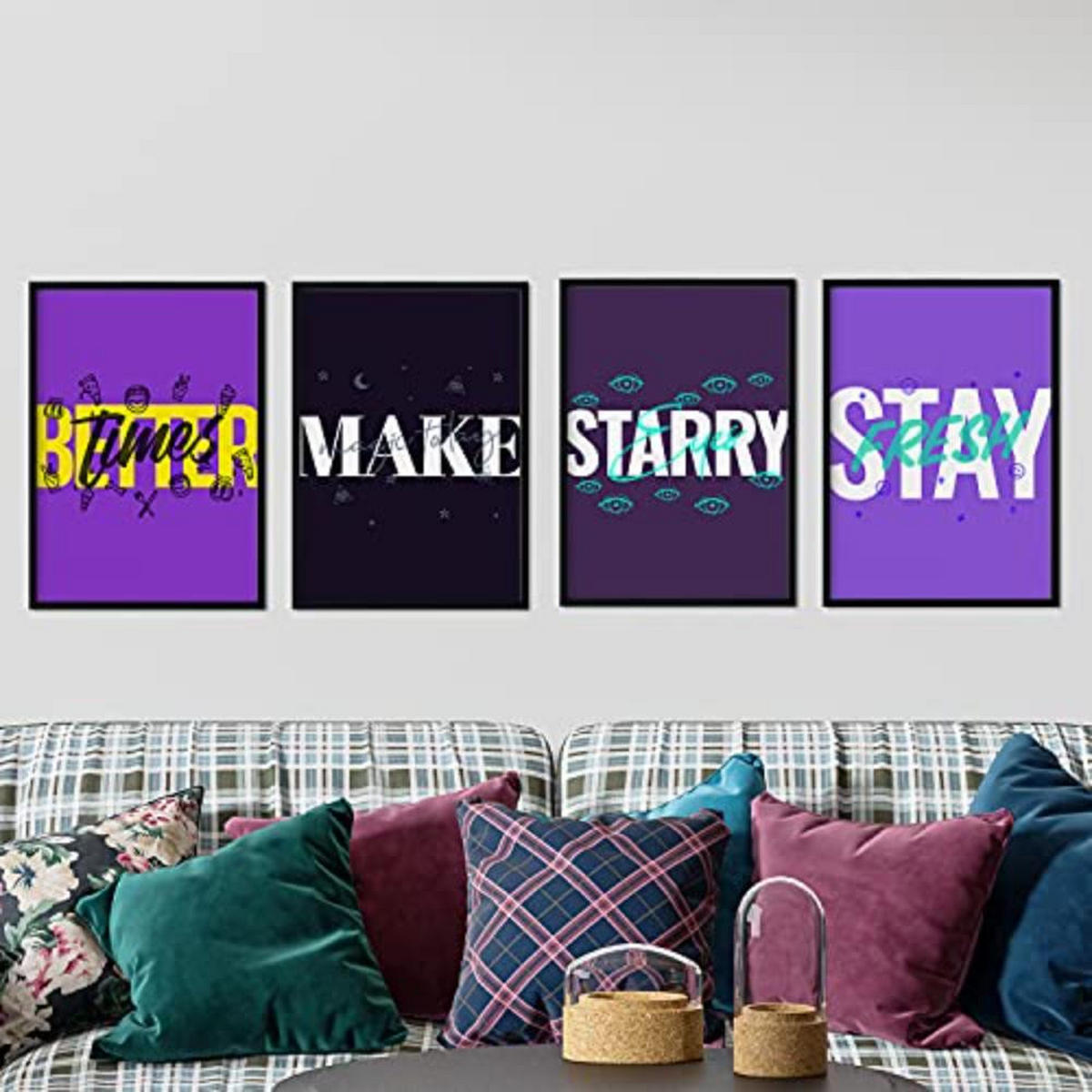 POSTER Set mit 4 lila Etikettendesign und Motivationsnachrichten A4 Schwarzer Rahmen - Schwarz, Papier (29.7/3cm) - Nacnic