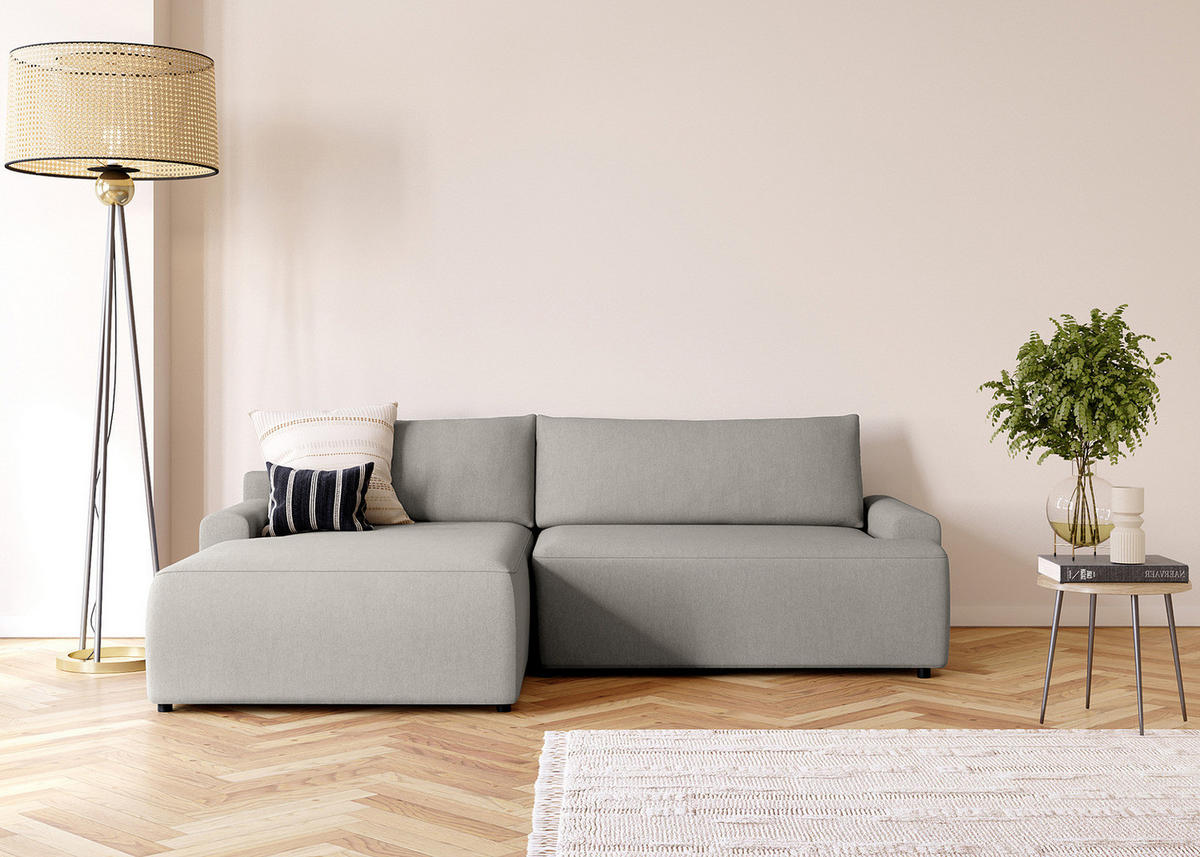 ECKSOFA mit Schlaffunktion - Longchair - Hellgrau/Schwarz, Kunststoff/Textil (253/167cm) - home24
