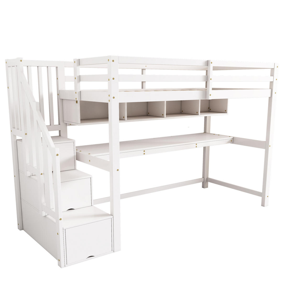 KINDERHOCHBETT aus Massivholz 90x200 cm Weiß mit Stauraumtreppe, Schreibtisch und Regalen - Weiß, Holz (90/200cm) - Modfu