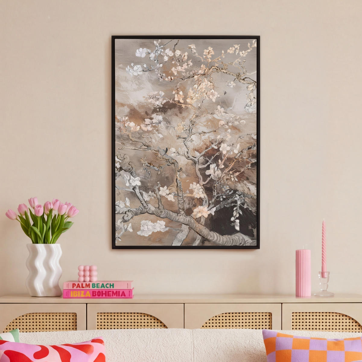 LEINWAND Bilder mit Rahmen - Mandelblüte - Kunst - Van Gogh - Beige - Abstrakt - 60x90 - Braun, Textil (60/90cm) - MuchoWow