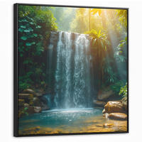 LEINWAND Bilder mit Rahmen - Wasserfall - Dschungel - Sonne - Grün - Natur - 90x90 - Grün, Textil (90/90cm) - MuchoWow
