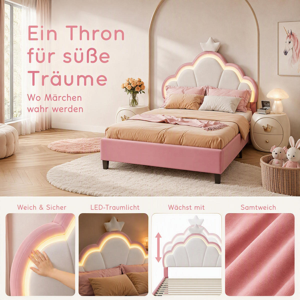 KINDERBETT 140x200 cm mit LED, Kronen-Kopfteil, höhenverstellbar, Samt - Multicolor, Holz/Textil (140/200cm) - GENKI LIVING