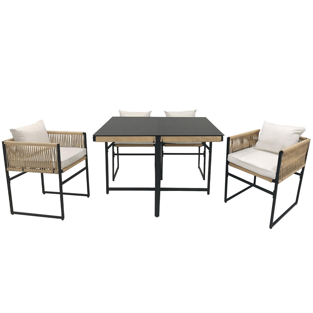 GARTEN-ESSGRUPPE 110/110/74 cm beige aus Eisen mit 4 Stühlen - Beige, Metall - OKWISH