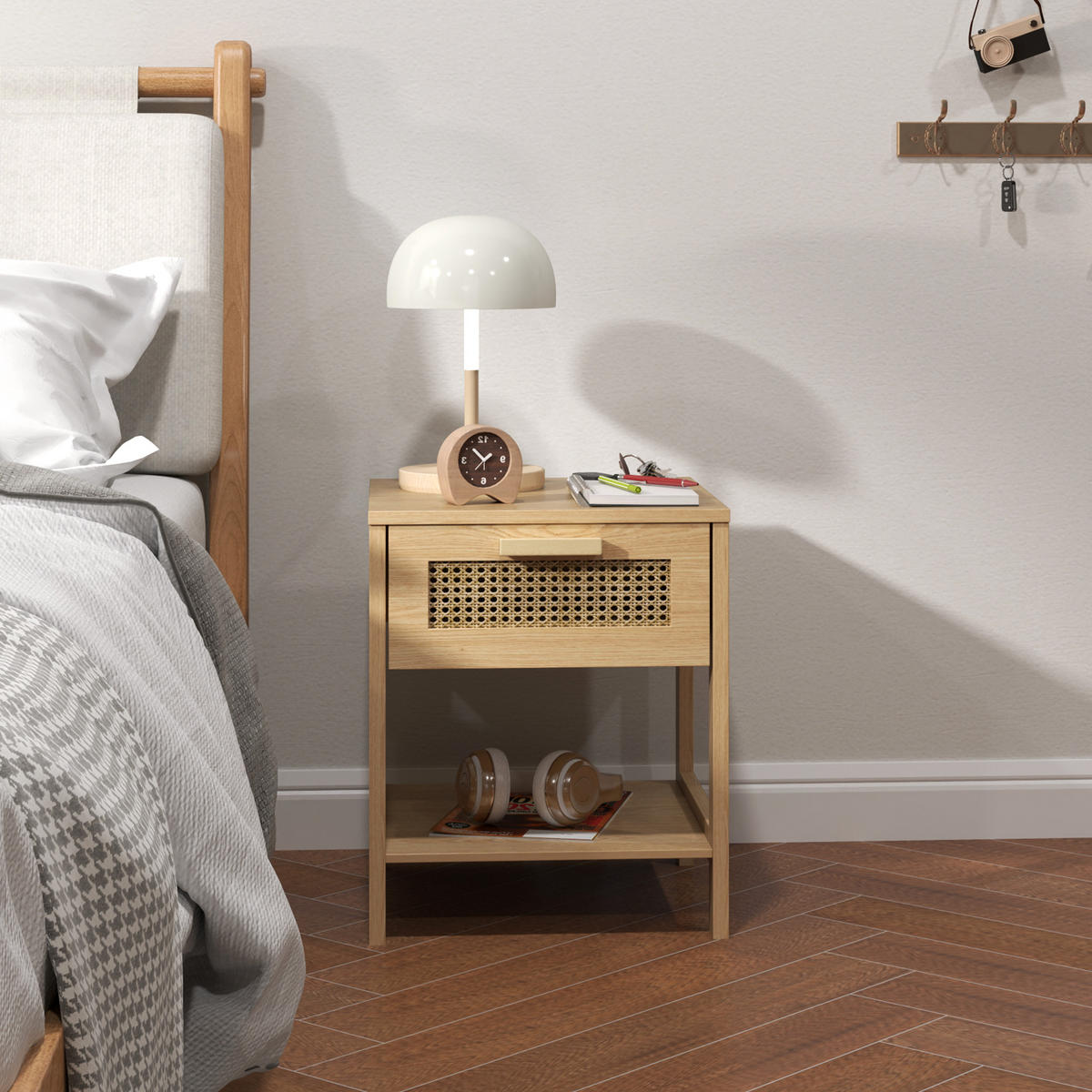 NACHTTISCH 40/40/48,4 cm Natur aus Holz mit Rattan-Schublade - Hellbraun, Holz (40/48.4/40cm) - OKWISH