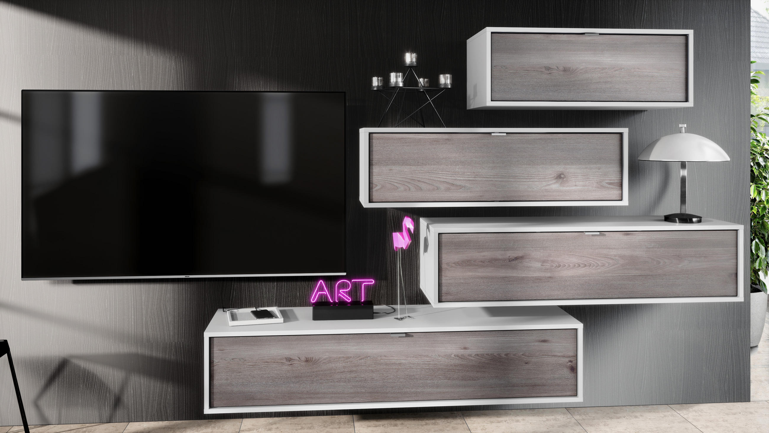 WOHNWAND Lana Fronten in Eiche Nordic - Silbereichenfarben, Holzwerkstoff (210/170/37cm) - Vladon