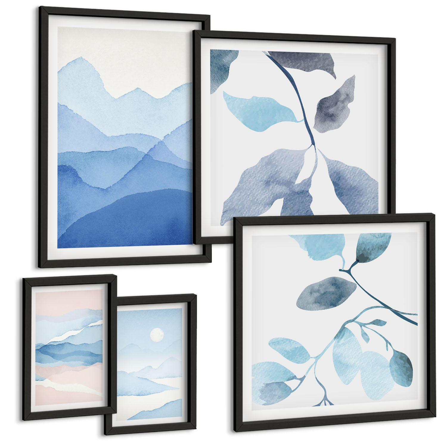 BILDER SET 5er Set - 50x50 cm & 20x30 cm & 40x60 cm Schwarzer Rahmen - Berglandschaften, Aquarellpflanzen - Schwarz, Kunststoff (40/60cm) - TULUP