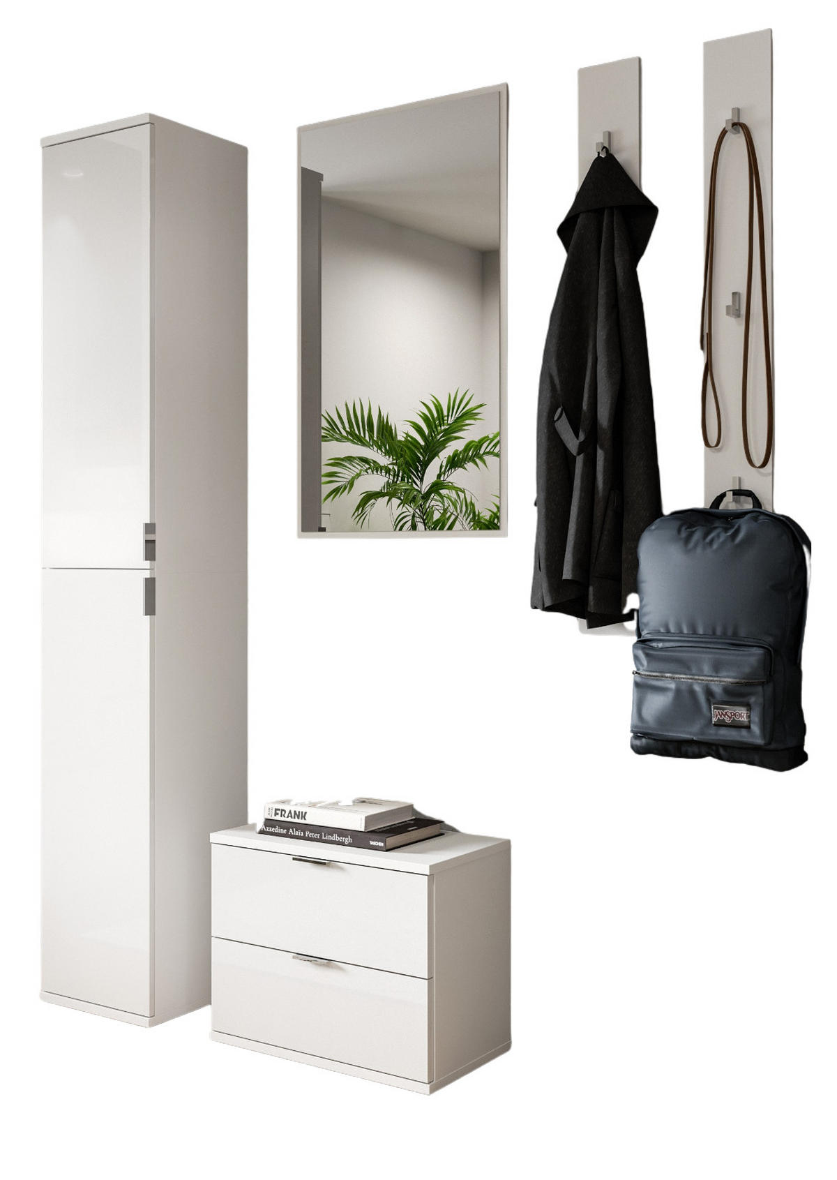 GARDEROBE Set 5-teilig weiß Hochglanz 153 cm, Flurmöbel mit viel Stauraum - Chromfarben/Weiß Hochglanz, Holzwerkstoff/Kunststoff (153/193/34cm) - Inn.Furn