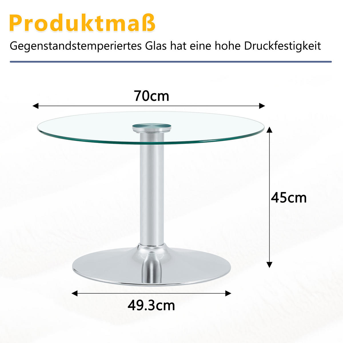 COUCHTISCH DE-37356 rund mit Glasplatte und Metallgestell Silber - Silberfarben, Metall (70/70/45cm) - ComfortXL