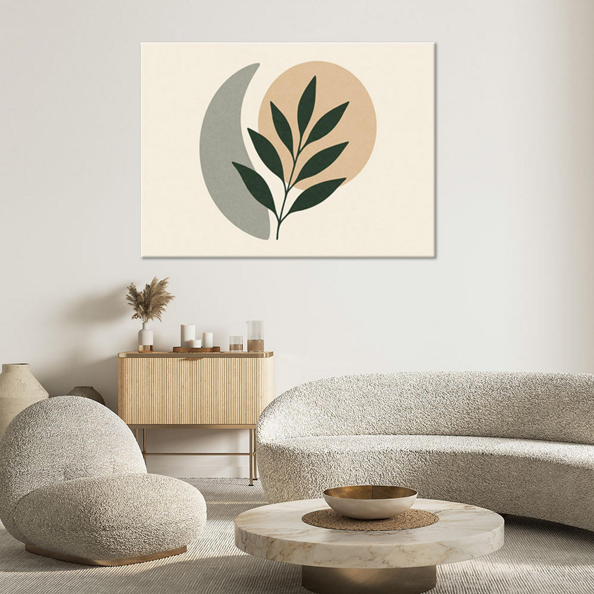 LEINWANDBILD Blätter Zweig Minimalismus Grün Beige 120x80cm - Beige, Textil (120/80cm) - Feeby