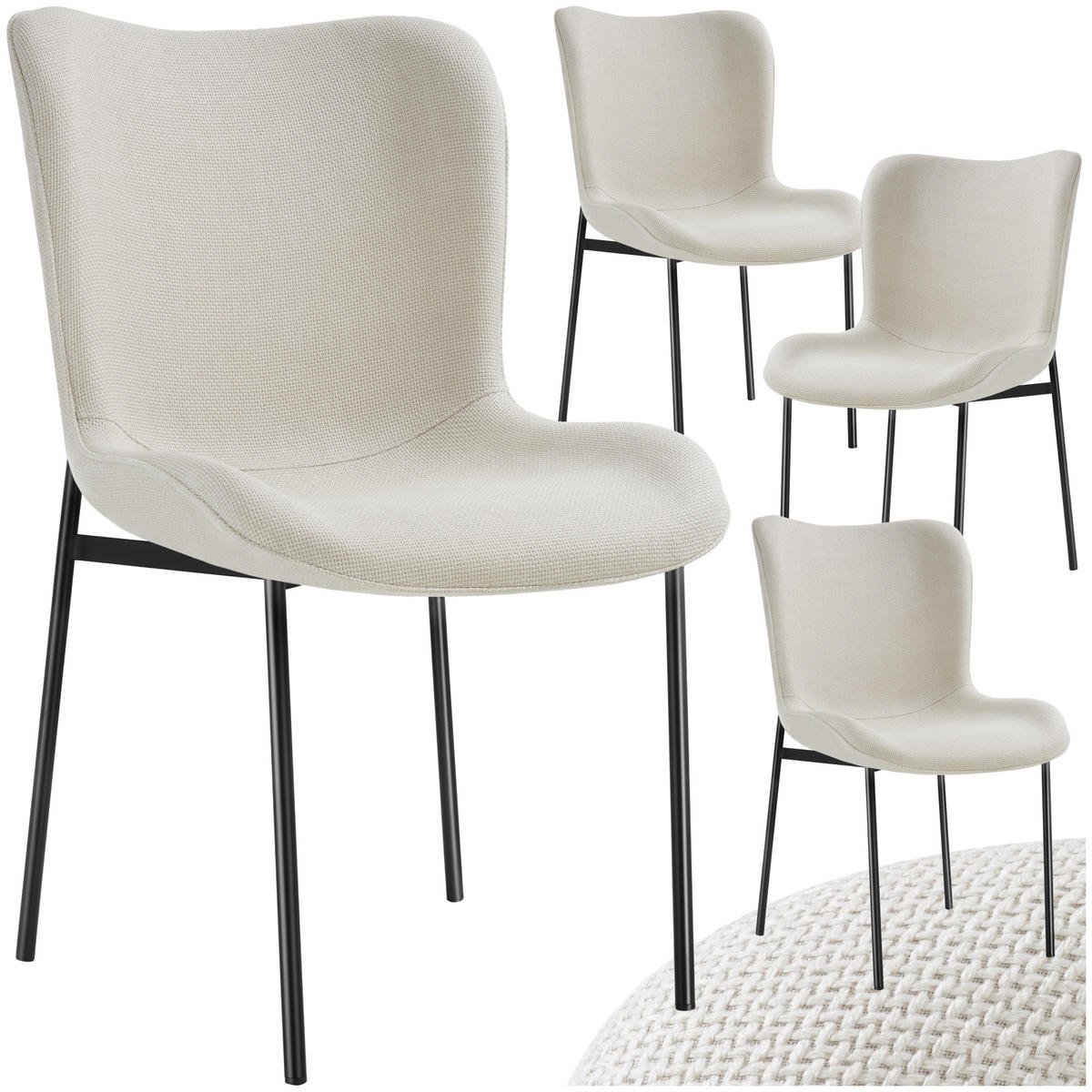 POLSTERSTUHL 4er Set Tessa 54 x 62 x 90 cm Webstoff off-white/schwarz - Schwarz/Weiß, Textil (54/90/62cm) - tectake