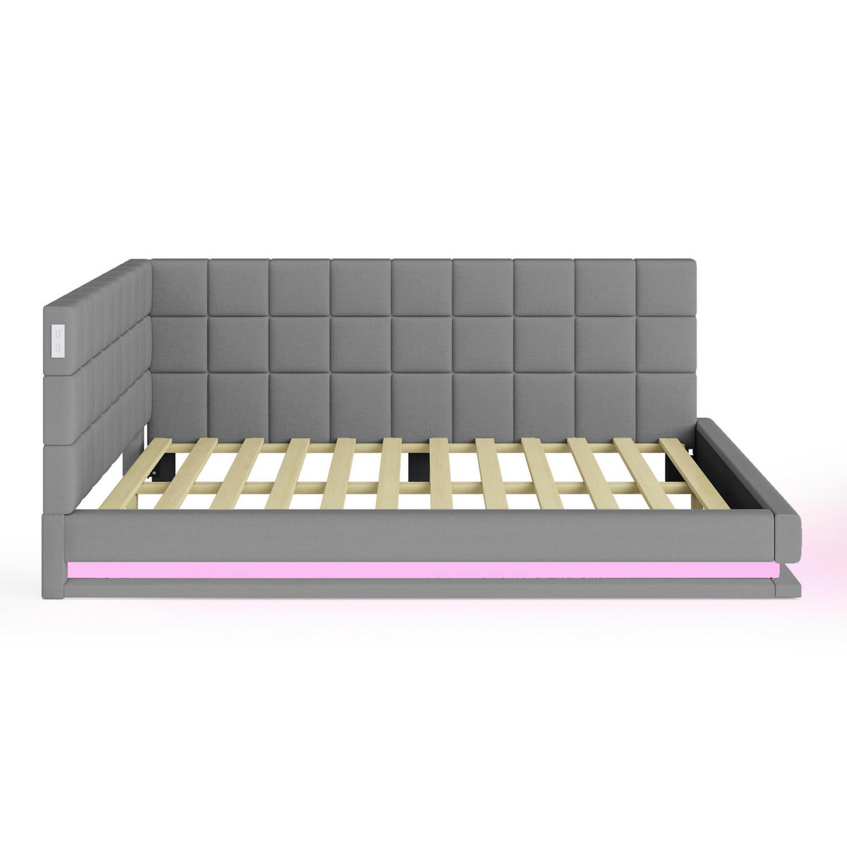 POLSTERBETT 140/200 cm aus Leinen mit LED-Lichtleiste, USB-Steckdose und Lattenrost Grau - Grau, Textil (140/200cm) - Modenvie