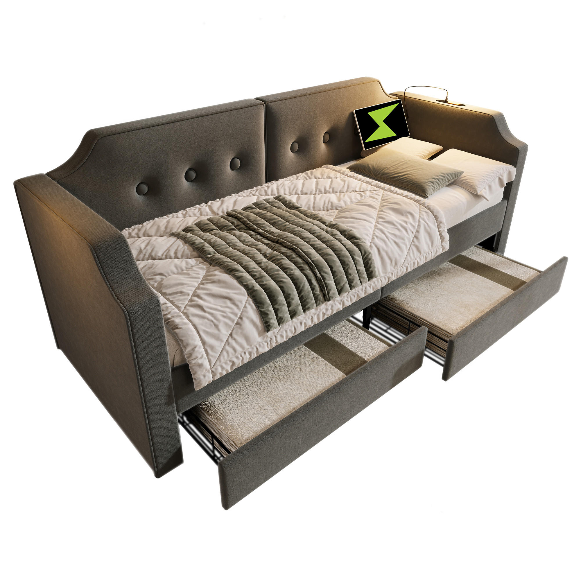 POLSTERBETT 90/200 cm Grau mit USB-Type-C und Leselicht, Tagesbett mit 2 Stauraumschubladen - Grau, Textil (90/200cm) - OKWISH