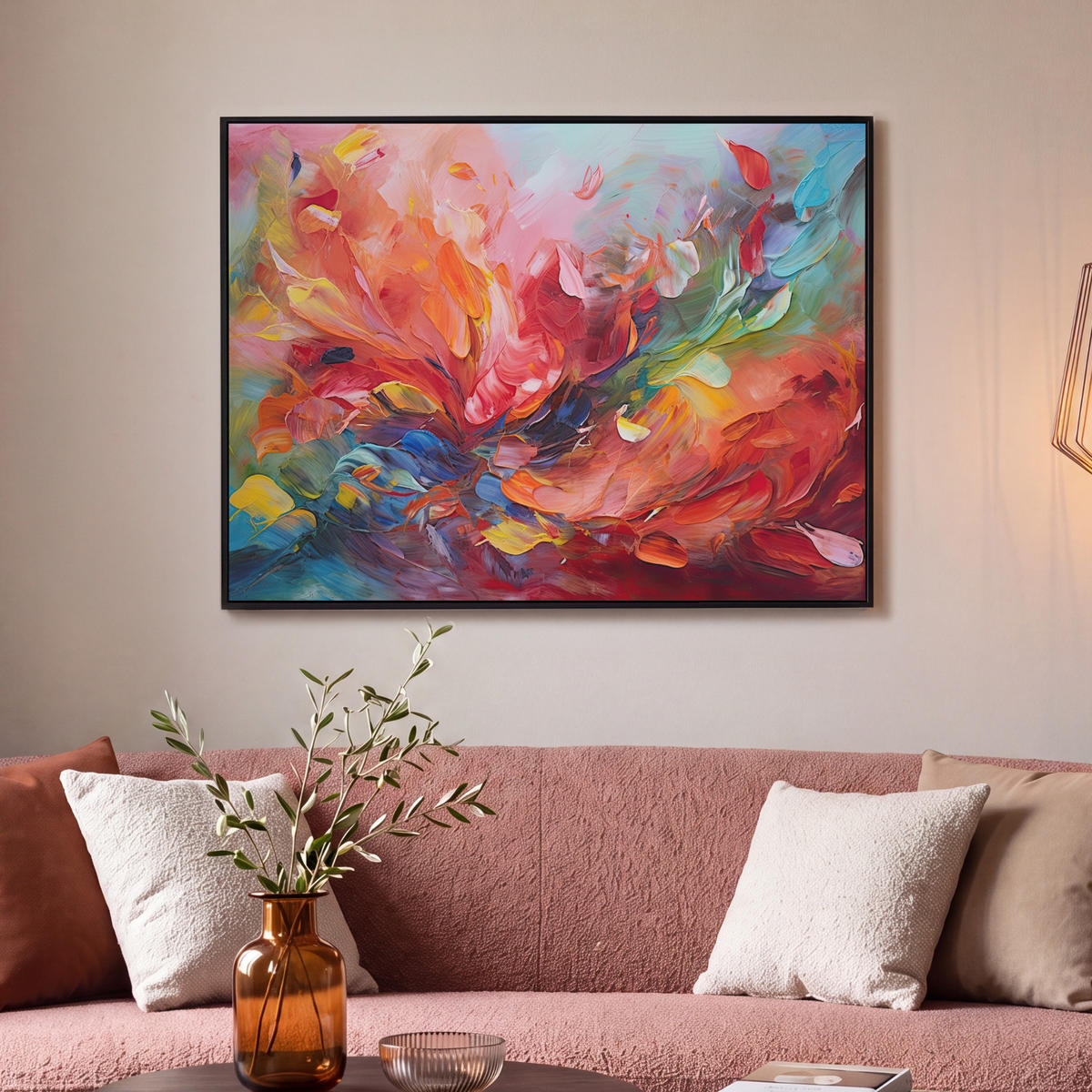 LEINWAND Bilder mit Rahmen - Ölgemälde - Kunst - Abstrakt - Farbenfroh - 100x70 - Altrosa, Textil (100/70cm) - MuchoWow