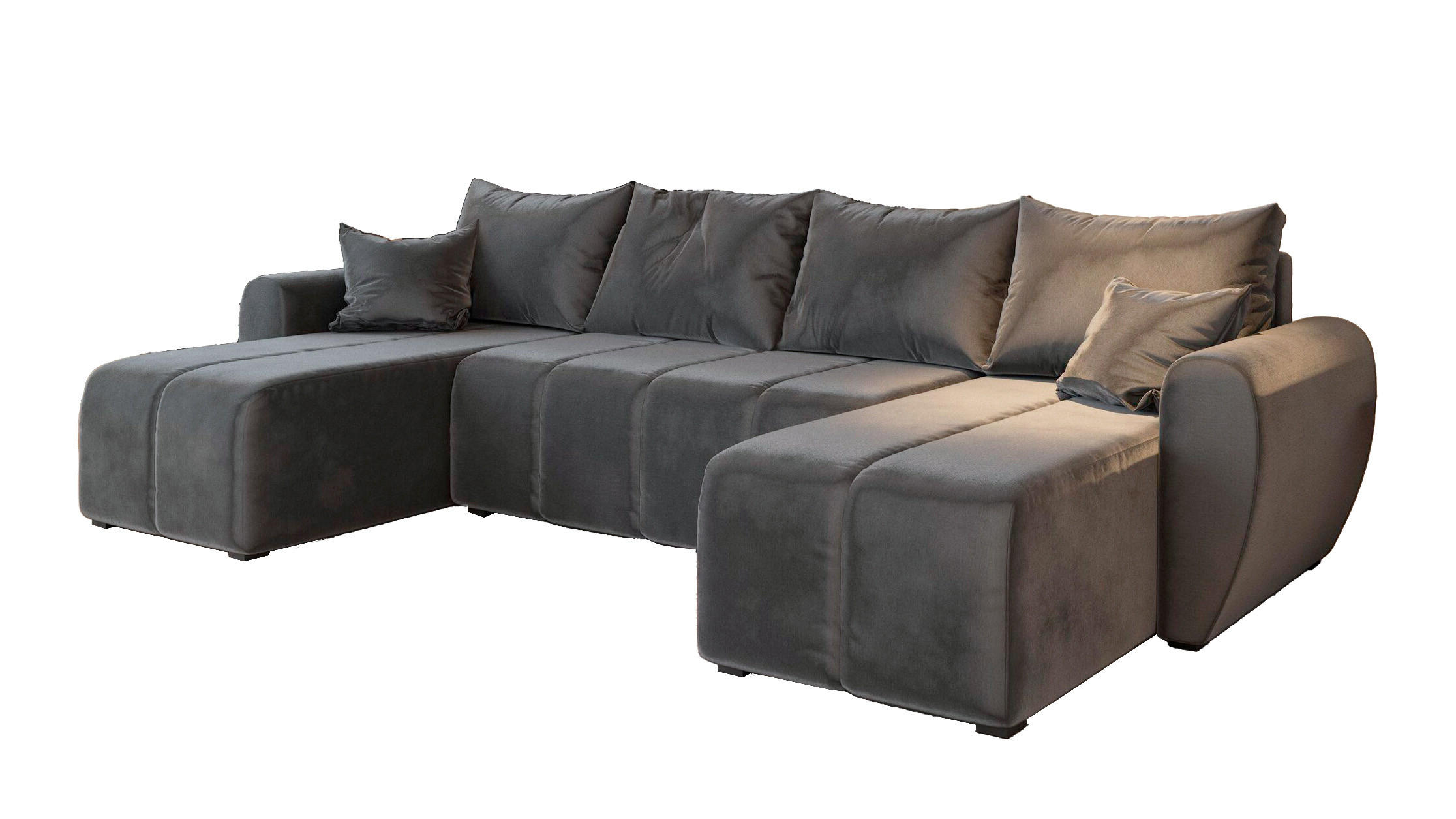 WOHNLANDSCHAFT MADISON U Grau Plüsch-Stoff mit Schlaffunktion - Grau, Holz (311/82/145cm) - MASSENO