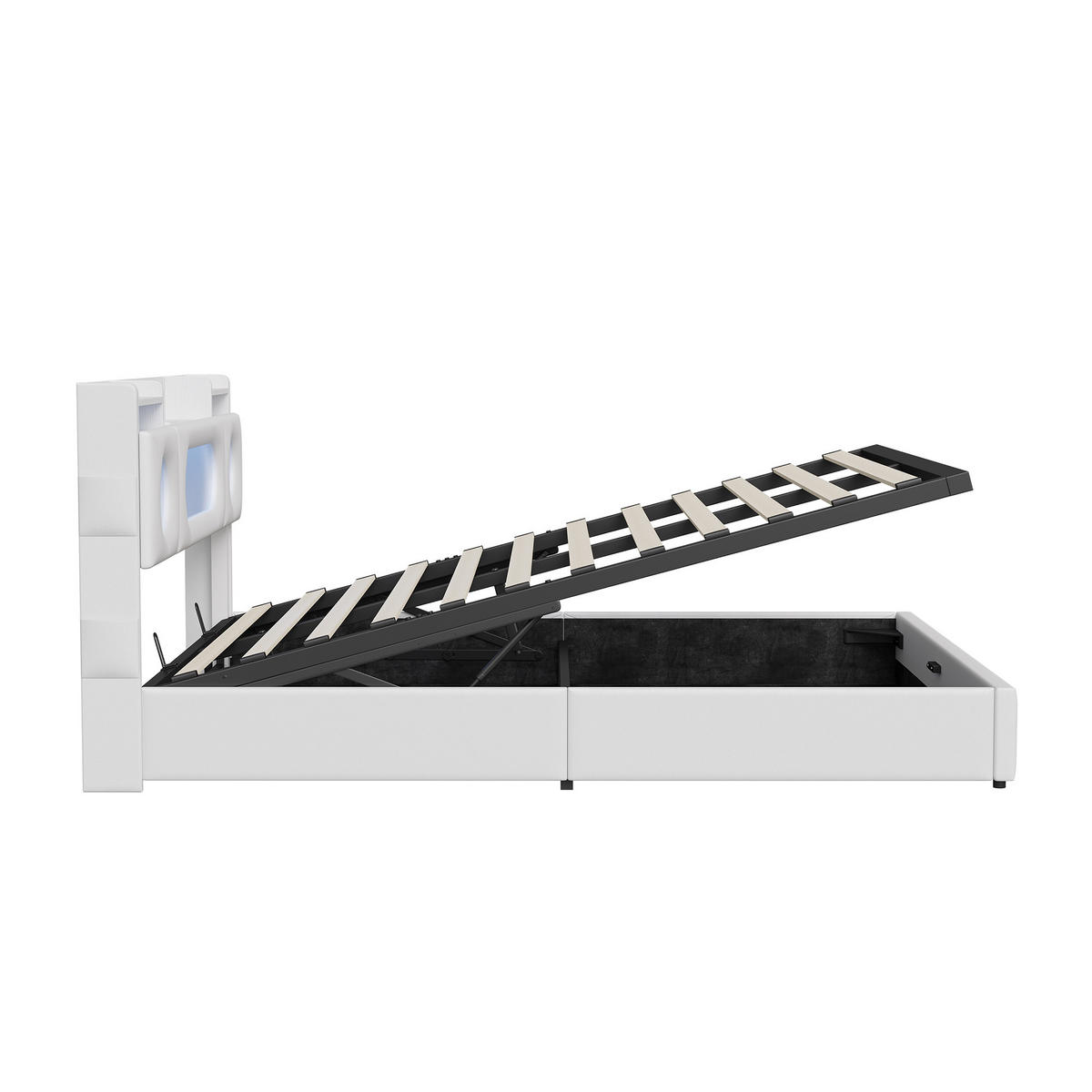 POLSTERBETT 140/200 cm Weiß mit hydraulischem Stauraum, LED-Kopfteil mit Ablage und USB-Anschluss - Weiß, Metall (140/200cm) - EuroLiving