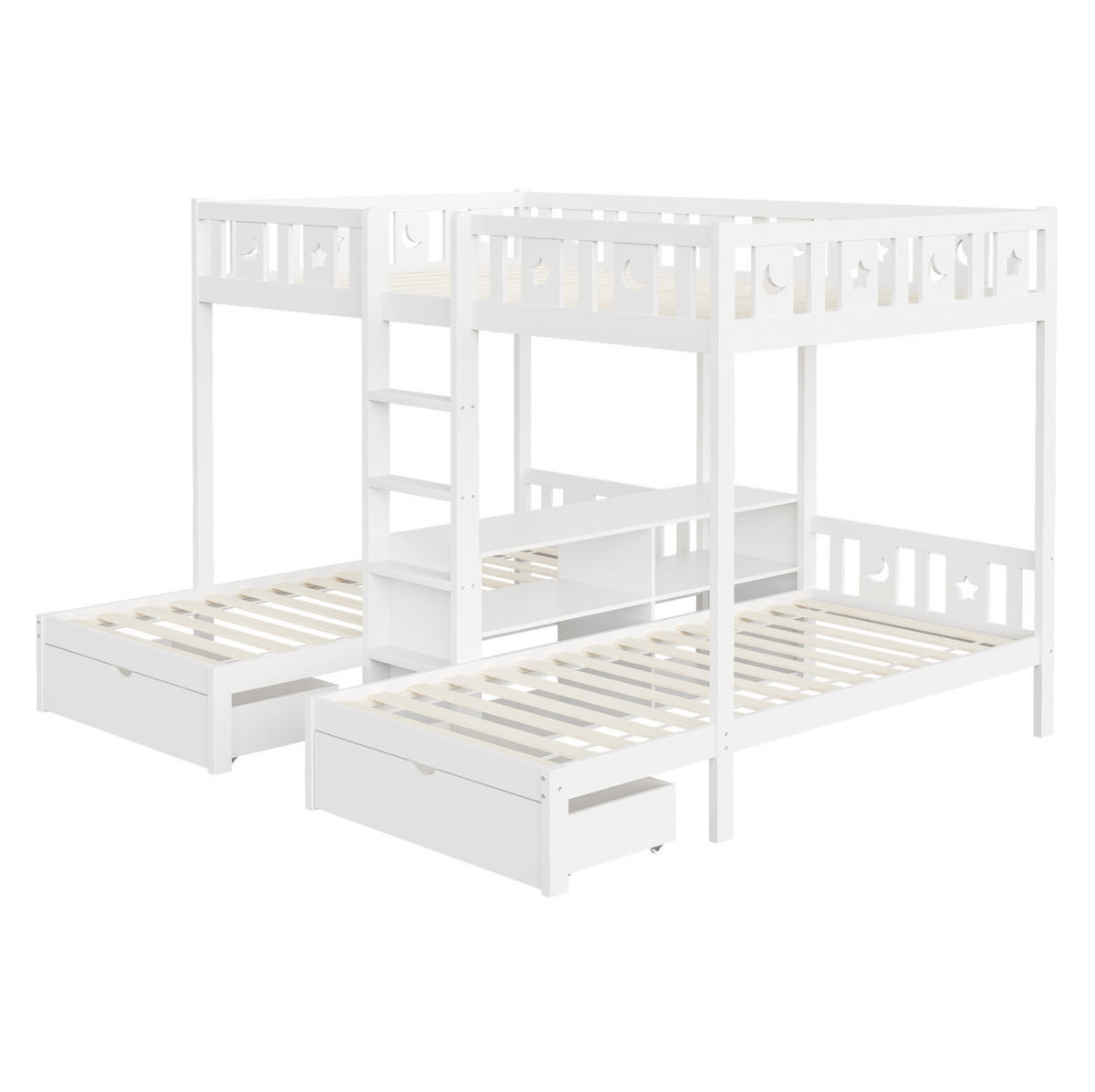 ETAGENBETT 90/200 cm & 140/200 cm mit Leiter, Stauraum und 2 Schubladen, Stern- und Monddesign, Weiß - Weiß, Holzwerkstoff (90/200cm) - Redom