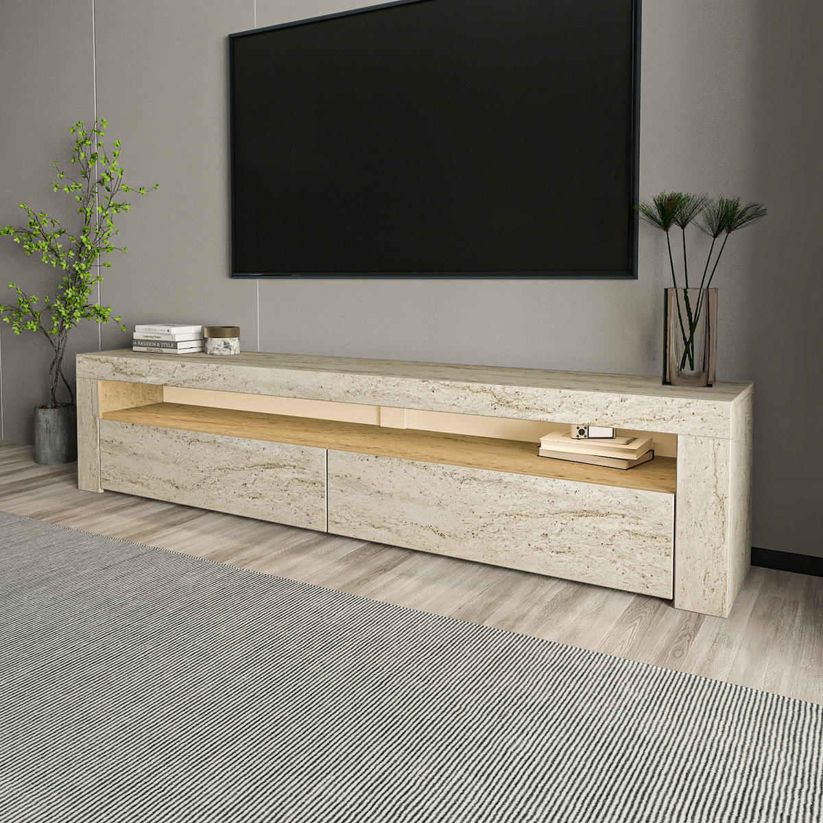 TV LOWBOARD Bati Granitoptik mit Travertin LED-Leuchten 93311 - Beige, Holzwerkstoff (150/47/37cm) - moebel17