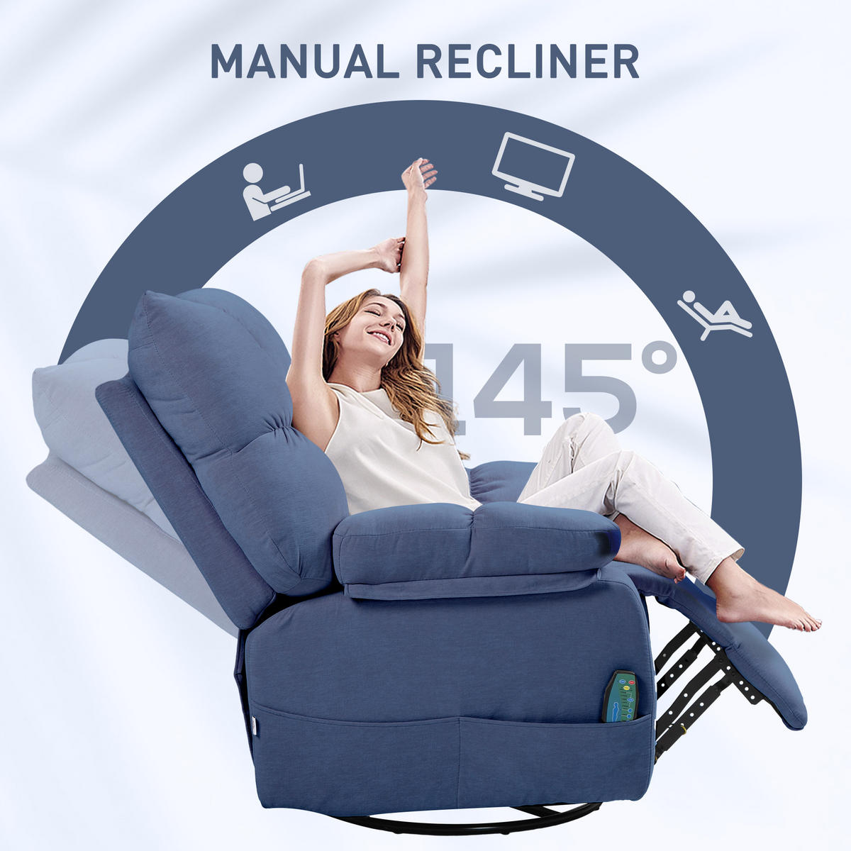 RELAXSESSEL mit Massagefunktion, Elektrisch Fernsehsessel mit Wärmfunktion - Blau/Schwarz, Textil/Metall (90/98/98cm) - HOMCOM