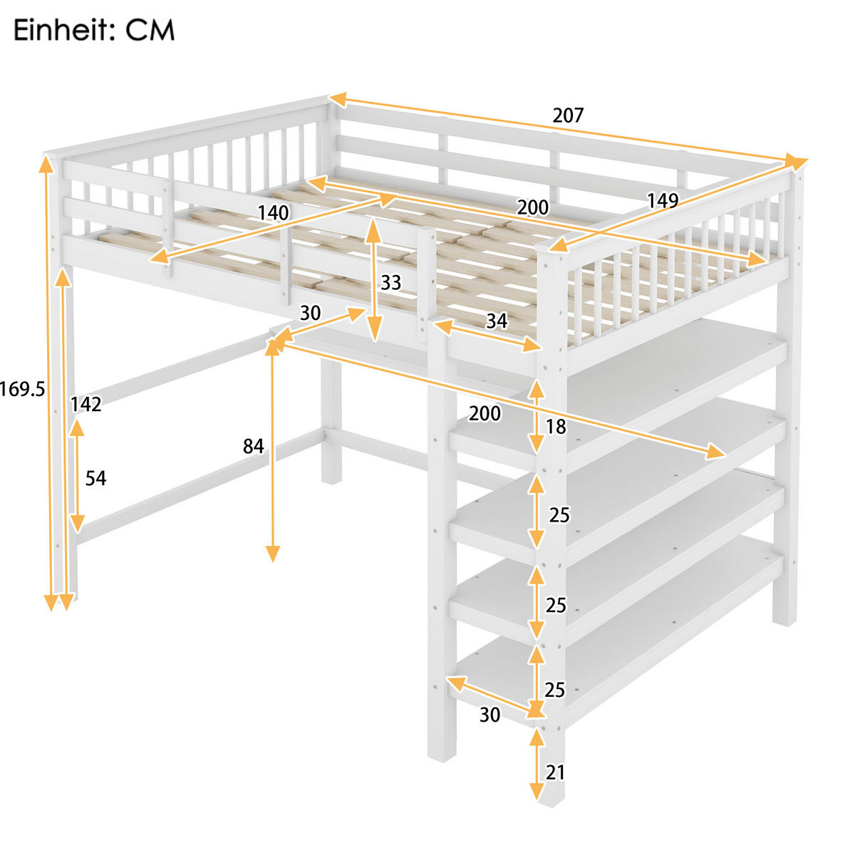 HOCHBETT 140/200 cm weiß mit Ablagefächern und Unterbettschreibtisch - Weiß, Holz (140/200cm) - OKWISH
