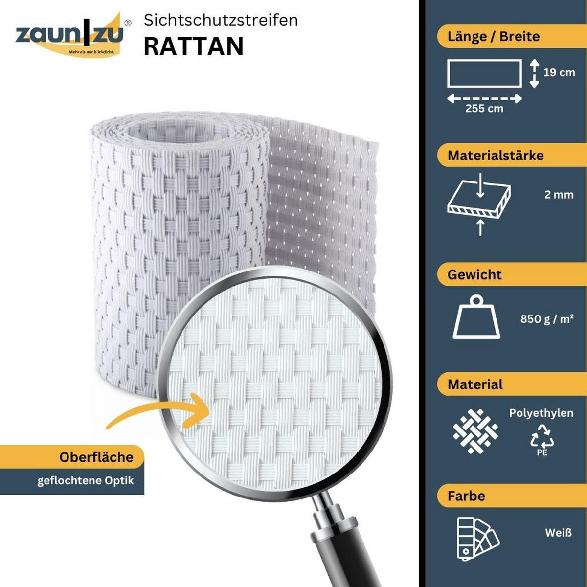 SICHTSCHUTZSTREIFEN Rattan Einzelstreifen für Doppelstabmatten Weiß 2,55m - Weiß, Kunststoff (255/19cm) - ZAUN|ZU