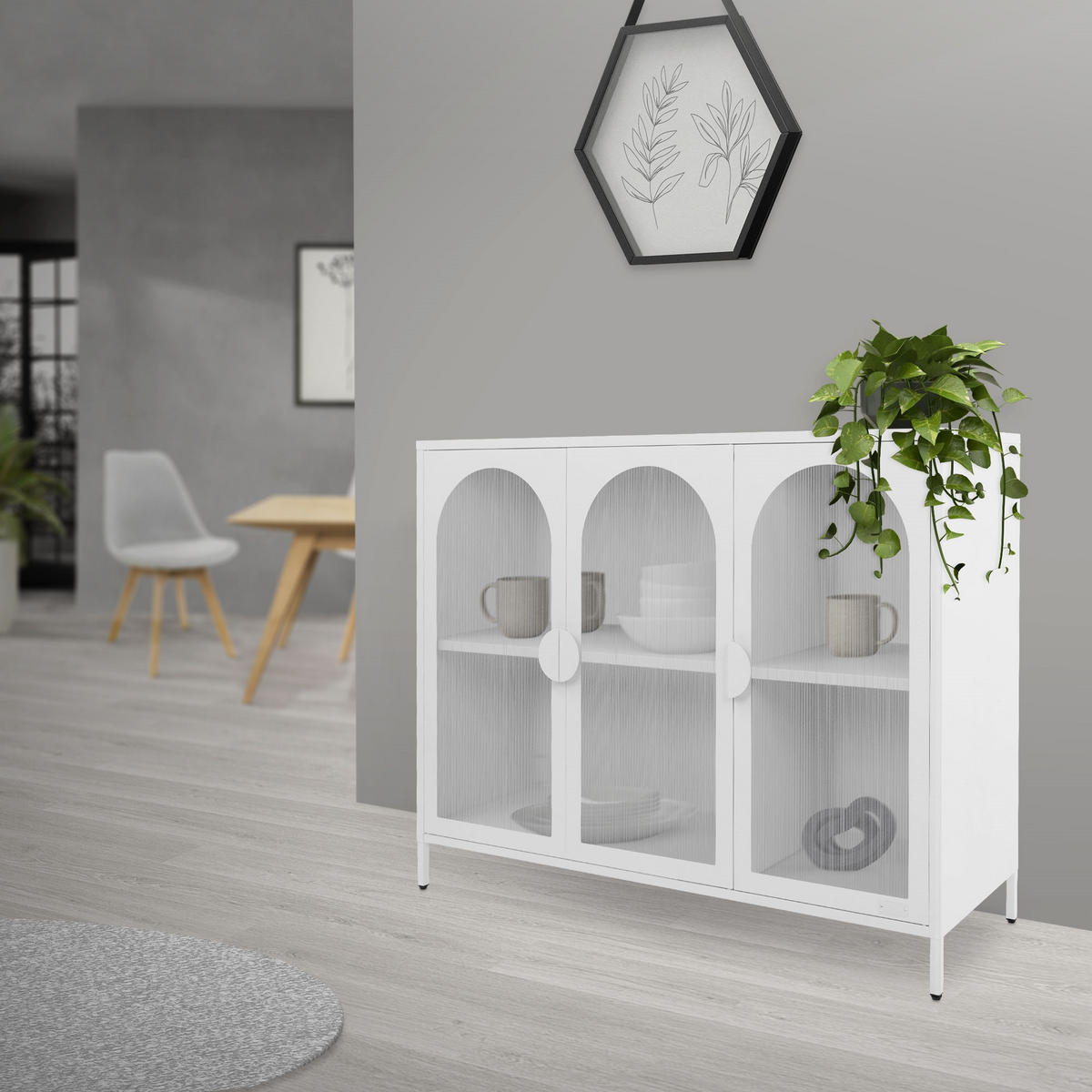 VITRINENSCHRANK aus Stahl 120x93x40 cm Weiß mit 3 Türen - Weiß, Metall (120/93/40cm) - ML-DESIGN