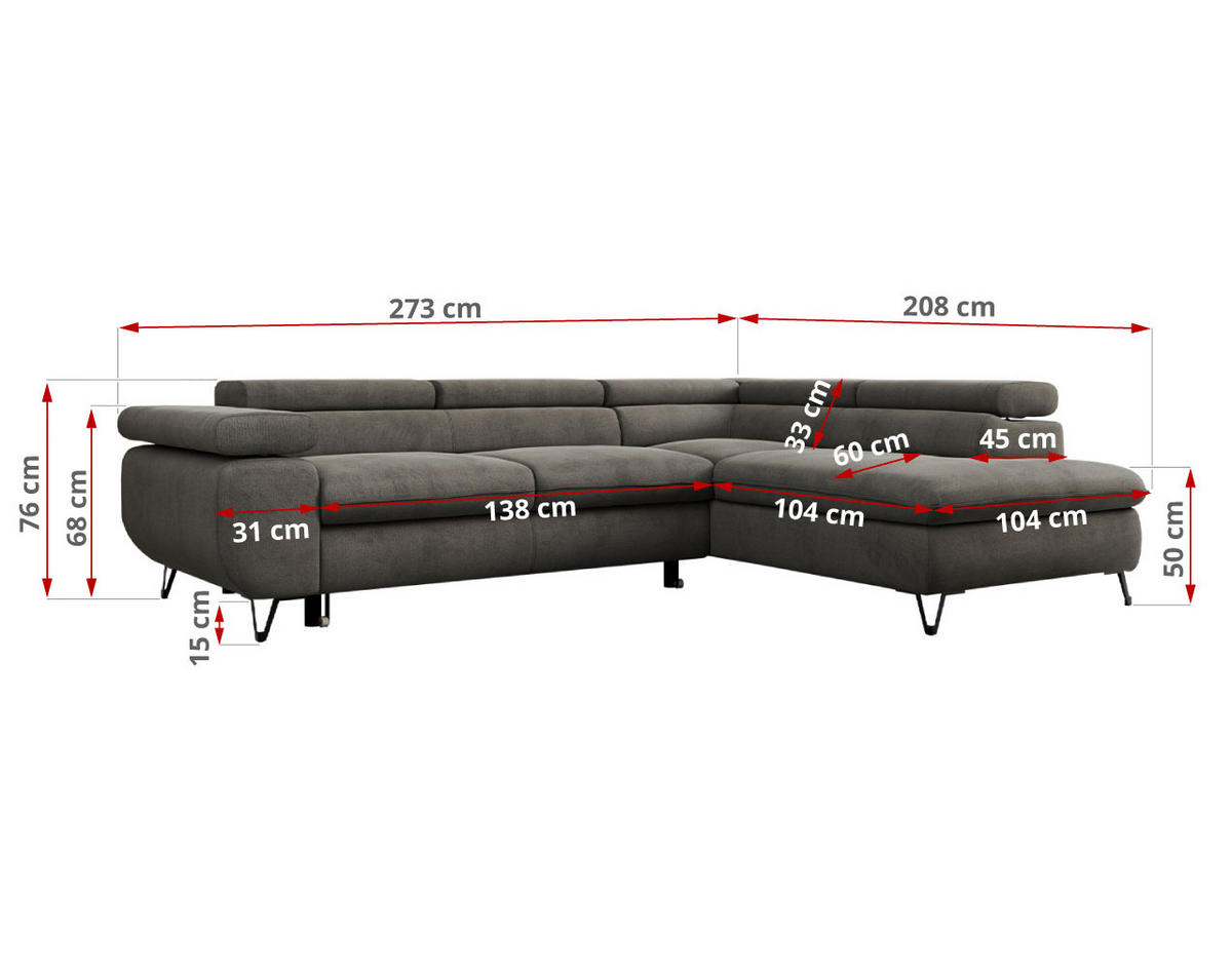 ECKSOFA PETER L Braun Velvet - Links Seite - Schwarz/Braun, Textil/Metall (208/273cm) - MKS