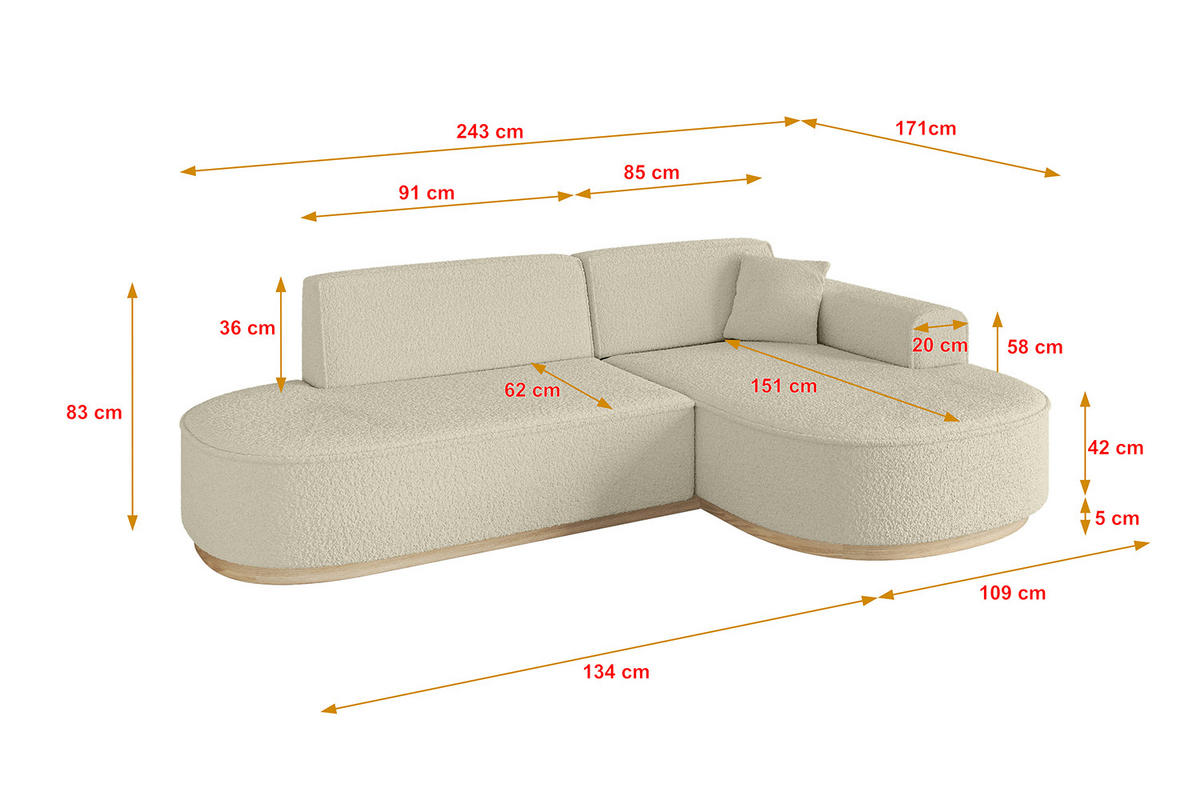 ECKSOFA Ottomane Rechts MARI-L1-v1 - 243x171x83 cm Beige Bouclé - Beige, Holzwerkstoff/Textil (171/243cm) - ALTDECOR