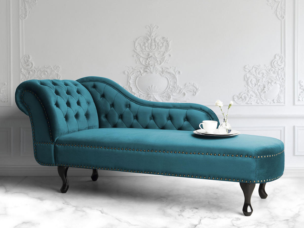 CHAISELONGUE Samtstoff smaragdgrün linksseitig Nimes - Schwarz/Hellgrün, Textil (170/79/61cm) - Beliani