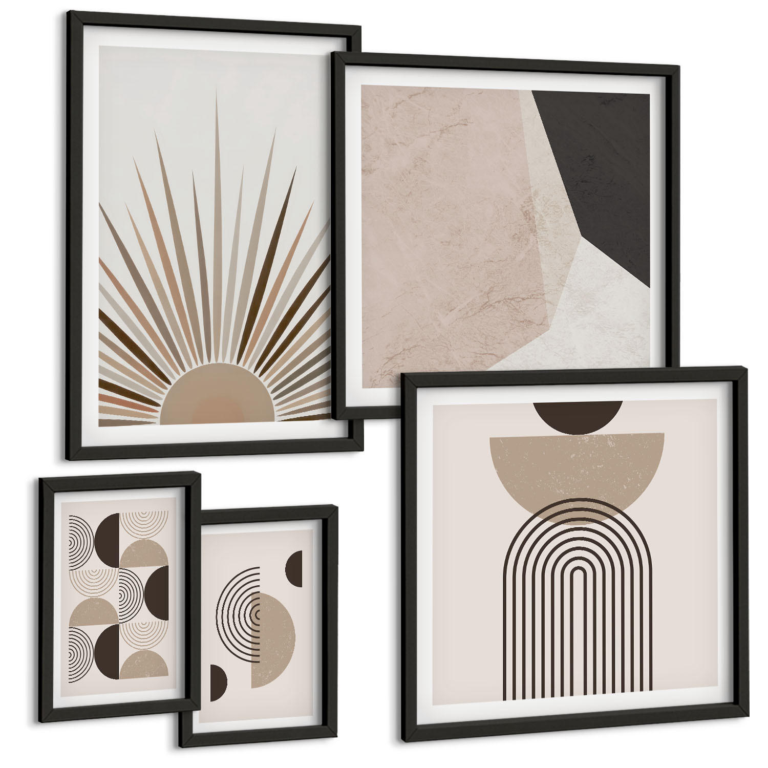BILDER SET 5er Set - 50x50 cm & 20x30 cm & 40x60 cm Schwarzer Rahmen - Abstrakte beige und braune Formen - Schwarz, Kunststoff (40/60cm) - TULUP