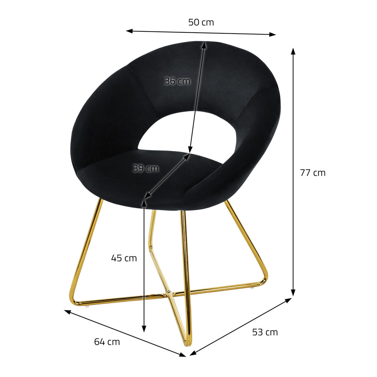 STUHL Samt schwarz 2er Set - Schwarz, Metall (53/77/64cm) - ML-DESIGN