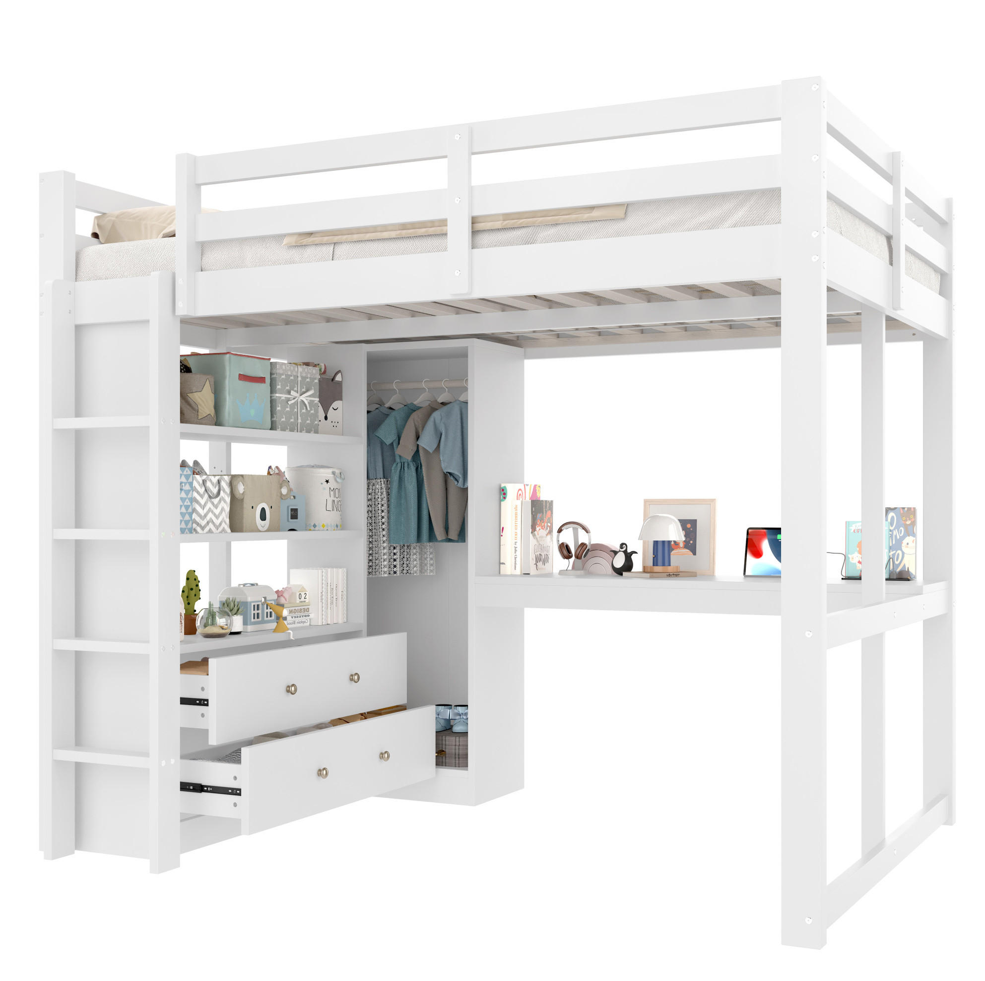 HOCHBETT 140/200 cm, weiß, mit Schreibtisch, 2 Schubladen, Regalen, LED und USB - Weiß, Holz (140/200cm) - MIVRAY