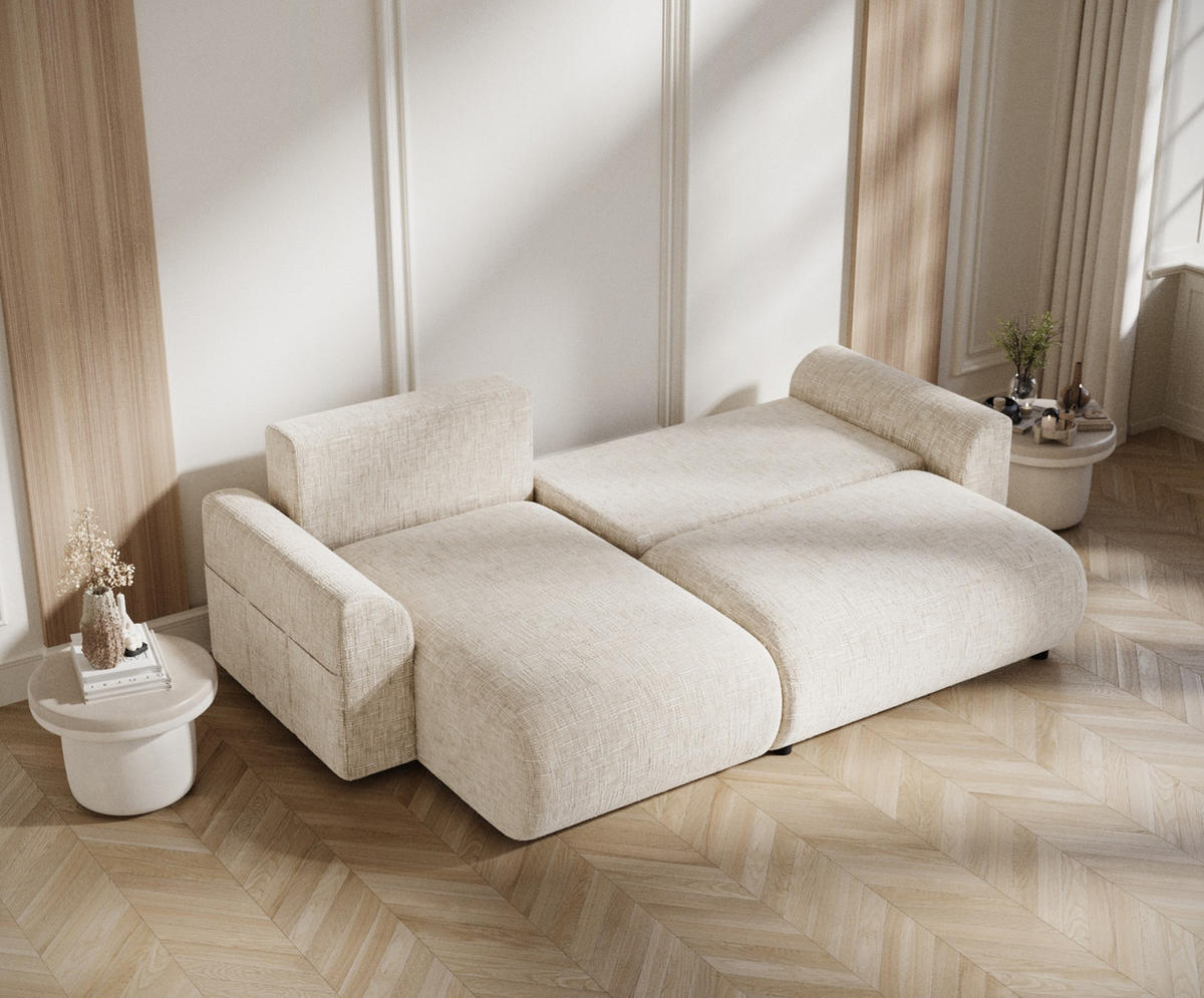 ECKSOFA MIT SCHLAFFUNKTION Bodega Creme Webstoff - Creme/Schwarz, Holz/Holzwerkstoff (235/138cm) - Maison de Reve