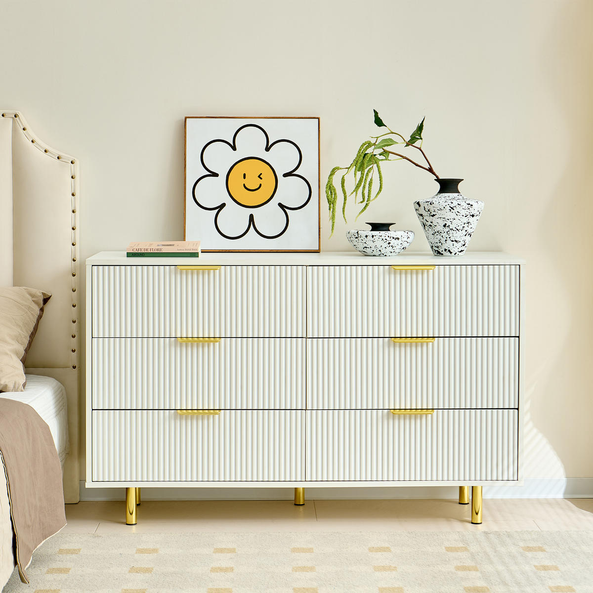 KOMMODEN-SIDEBOARD 120/40/72 cm mit 6 Schubladen in Weiß mit goldfarbenen Details - Weiß, Holzwerkstoff (120/72/40cm) - BEAOK