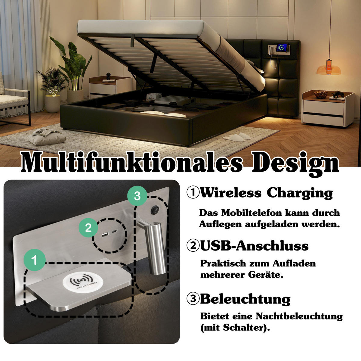 POLSTERBETT 180/200 cm mit USB-Anschluss, kabelloser Ladefunktion, Beleuchtung und hydraulischem Stauraum, Schwarz - Schwarz, Kunststoff (180/200cm) - Redom